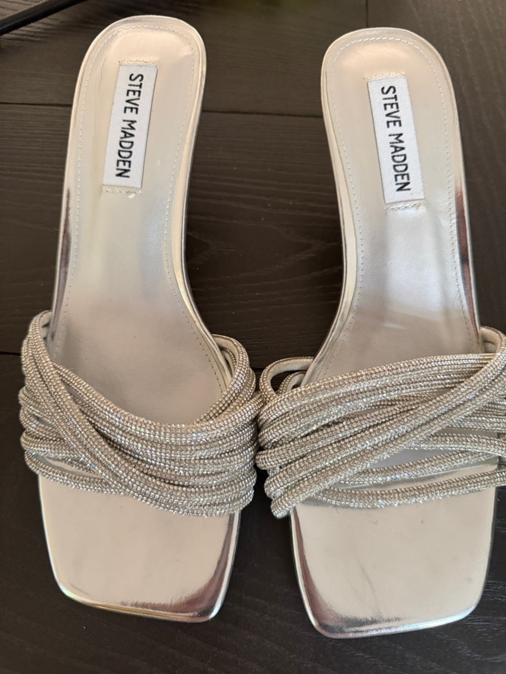 Steve Madden Metallic Silver Beaded Knot Slide Mules